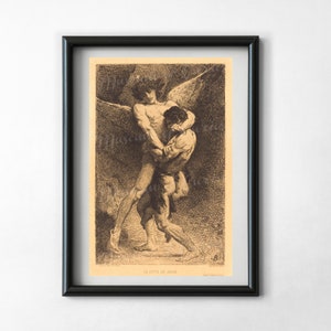 Digital, 1876, Jacob Wrestling With The Angel, French mythological print, INSTANT DOWNLOAD, Christian art, Lithograph/Etching