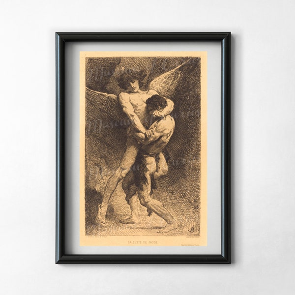 Digital, 1876, Jacob Wrestling With The Angel, French mythological print, INSTANT DOWNLOAD, Christian art, Lithograph/Etching