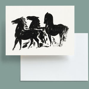 Numérique, 1935, Trois chevaux noirs, Stylo et encre, TÉLÉCHARGEMENT INSTANTANÉ, Carte de voeux, conception équine, 7" x 5"