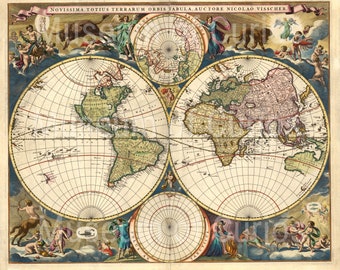 Digitale, 1690, Mappa Atlas, Colore, Novissima Totias Terrarum Orbis Tabula, Doppio emisfero, DOWNLOAD immediato