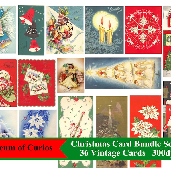 Digital Christmas Cards, Thirty Six, Vintage Bundle Set #2 , High Res, 1950s, Bells, Snow, Santa Claus, Angels, Holly, Candles, Xmas Trees