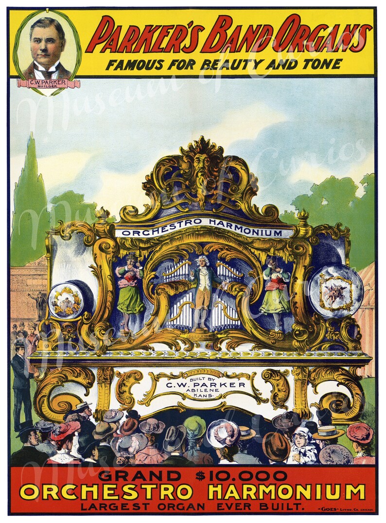 INSTANT DOWNLOAD 19th century art Vintage Circus Poster Digital Parker/'s Band Organs Harmonium 1800s