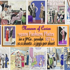 Puede incluir: Un collage de 20 láminas de moda vintage de la década de 1920, con mujeres en varios estilos de ropa. Las láminas son en blanco y negro y tienen una estética dibujada a mano. El texto "Museum of Curios 1920s Fashion Plates 20 x JPGs. 300dpi SET #2 10 x sheets. 2 jpgs per sheet" se muestra en el centro del collage.