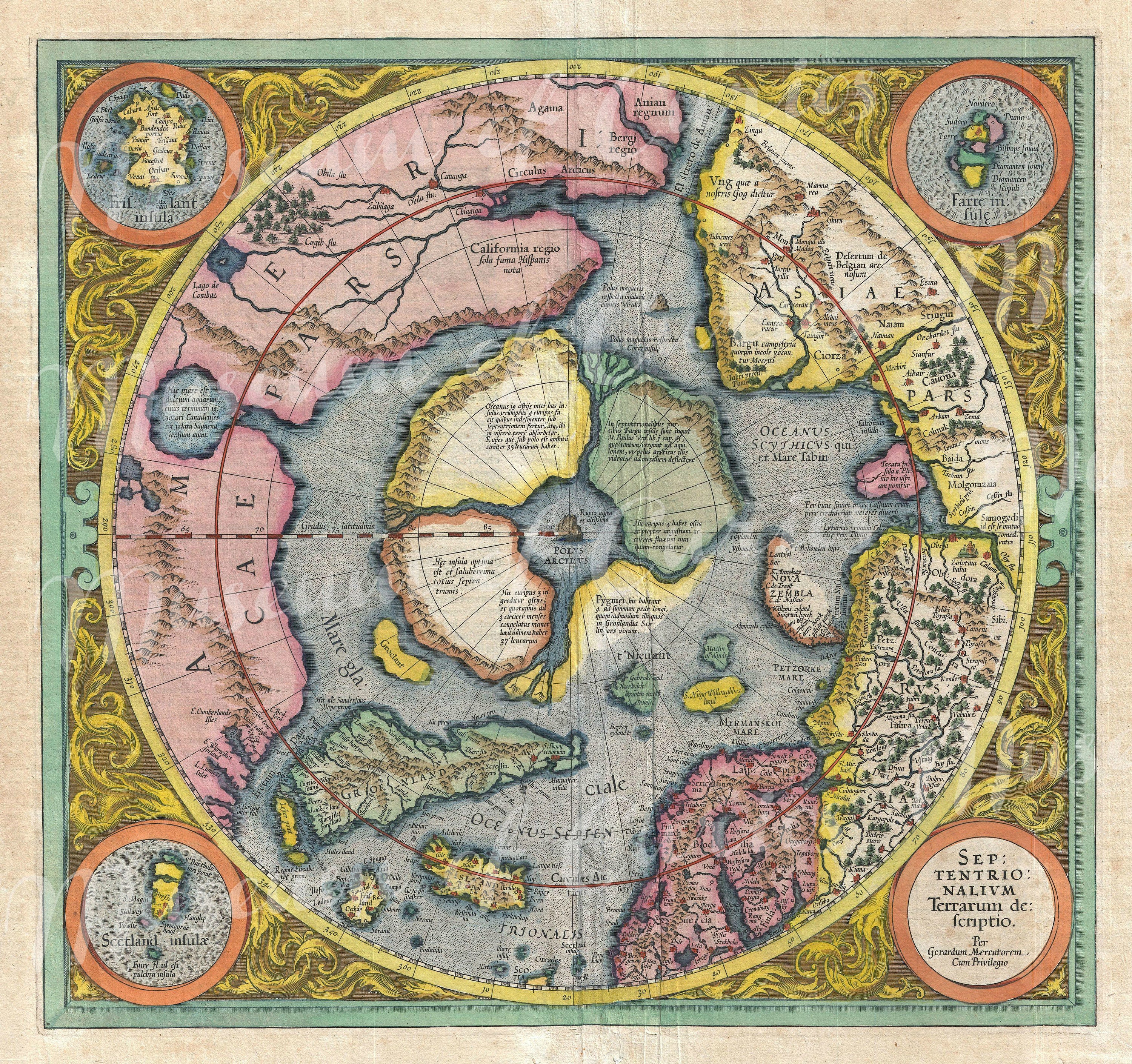 お値下げ　西洋古地図　１７世紀　G.メルカトル　「PICARDIAピカルディア」 メルカトル図法によるホンディウス北極地図（1606年） - ヴィンテージ