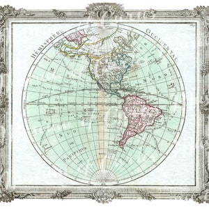 Digital, 1764, Druckbare Brion de la Tour Karte der westlichen Halbkugel, drei Größen, SOFORT DOWNLOAD