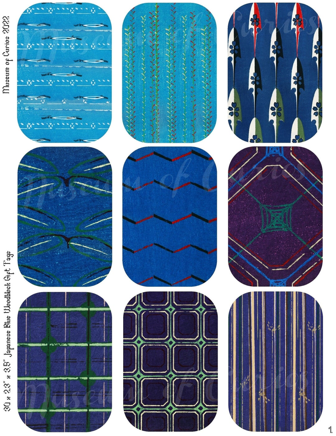 Digital, Japanese Blue Woodblock Designs, Gift Tag Set, 30 X 2.3 X 3.5 ...