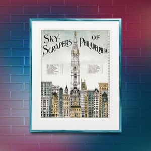 May include: A vintage illustration of the Philadelphia skyline, titled "Sky-Scrapers of Philadelphia". The illustration shows the city's tallest buildings, including the iconic City Hall, with a detailed list of each building's name and height.