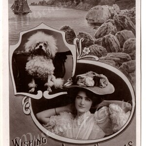 Wishing You All A Very Happy Christmas, 1908 Postcard, Photo Postcard, B&W Photo, Christmas Card, Antique, Edwardian, Lily Elsie, poodle