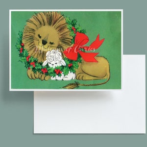 Numérique, vintage des années 1970 Rétro, Carte de Noël, TÉLÉCHARGEMENT INSTANTANÉ, Carte de vœux de Noël, Lion et agneau, Baies de houx, Couronne de houx