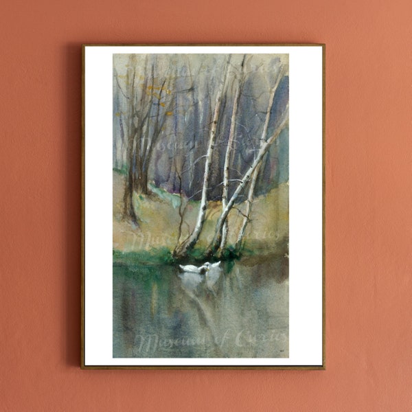 Digital, mid 1800s, Birch Trees and Ducks, Watercolour print, INSTANT DOWNLOAD, Three Sizes