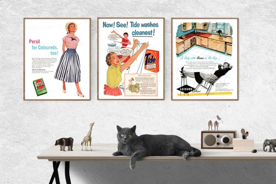 Vintage digital prints, three 1950s Housewife Advertisements, Kitchen Prints, Persil, Tide, Leisure Kitchens, INSTANT DOWNLOAD