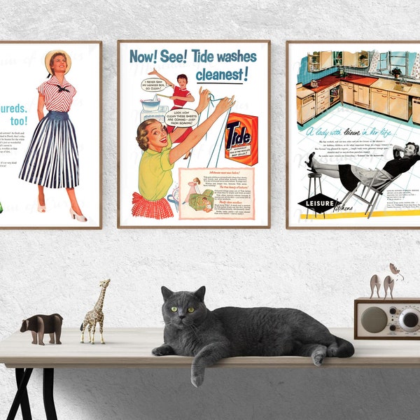 Vintage digital prints, three 1950s Housewife Advertisements, Kitchen Prints, Persil, Tide, Leisure Kitchens, INSTANT DOWNLOAD