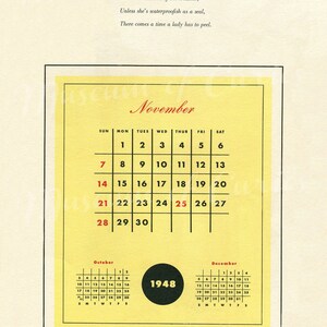 Puede incluir: Un calendario vintage para el a&ntilde;o 1948 con un c&iacute;rculo negro en el centro que dice 1948. El calendario muestra los meses de octubre, noviembre y diciembre. El fondo es amarillo con texto negro y rojo.