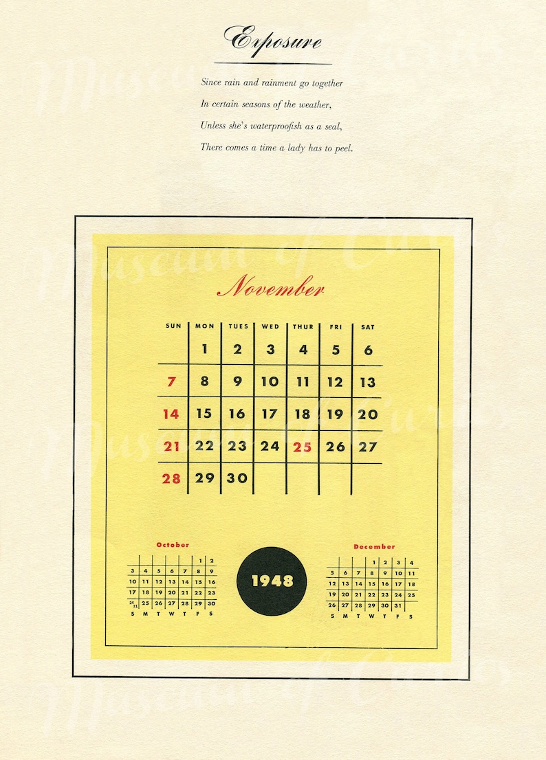 Puede incluir: Un calendario vintage para el a&ntilde;o 1948 con un c&iacute;rculo negro en el centro que dice 1948. El calendario muestra los meses de octubre, noviembre y diciembre. El fondo es amarillo con texto negro y rojo.