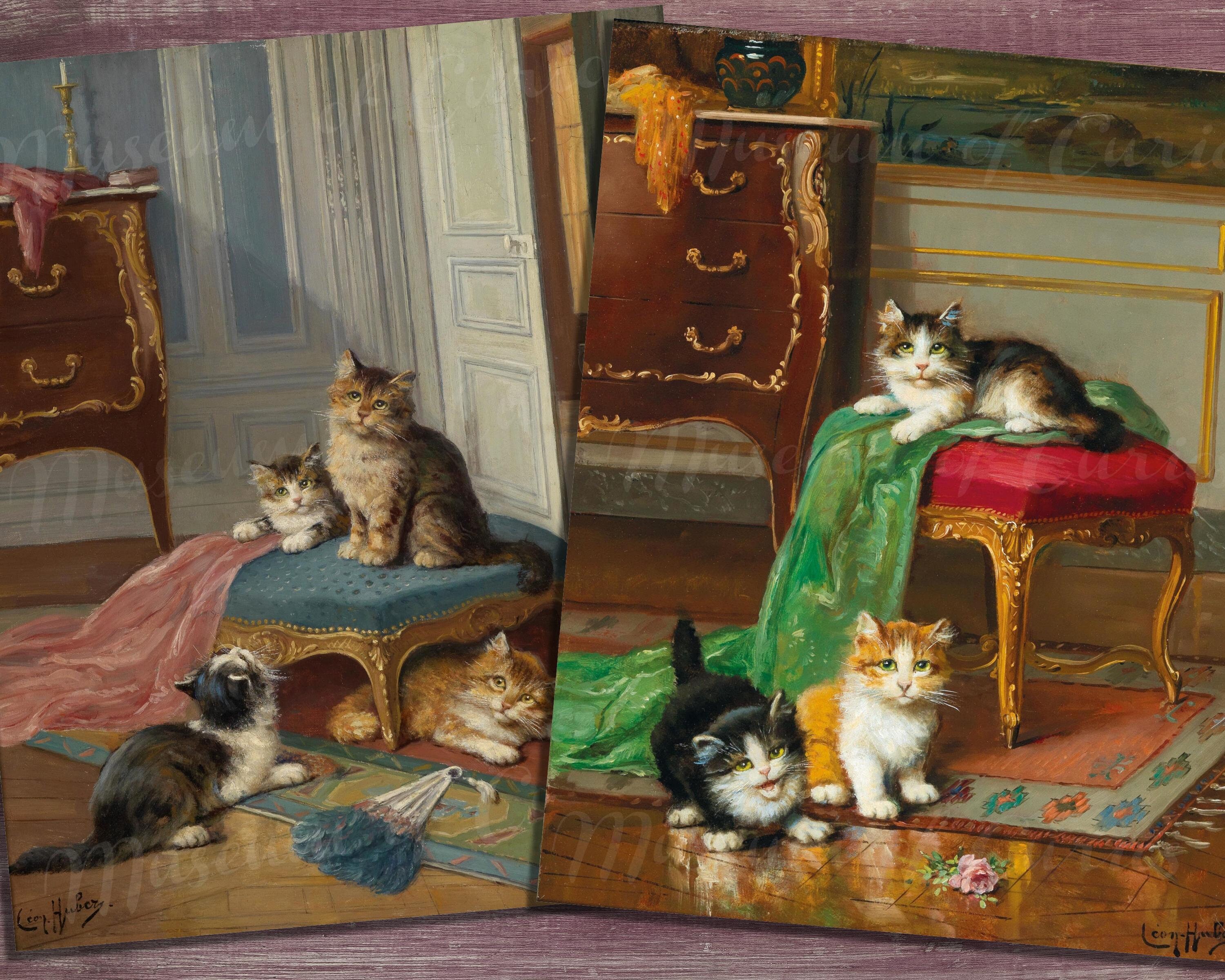 【原画】『猫の町の住民』ファンタジー　ゴシック　中世　絵画　アンティーク デジタル、1800 年代後半、レオン フーバー、子猫の絵画