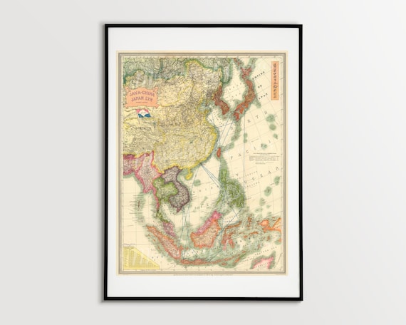 アンティーク 額 書 中国 古州 Digital, 1934, Empire of Japan, Java-china Map, INSTANT