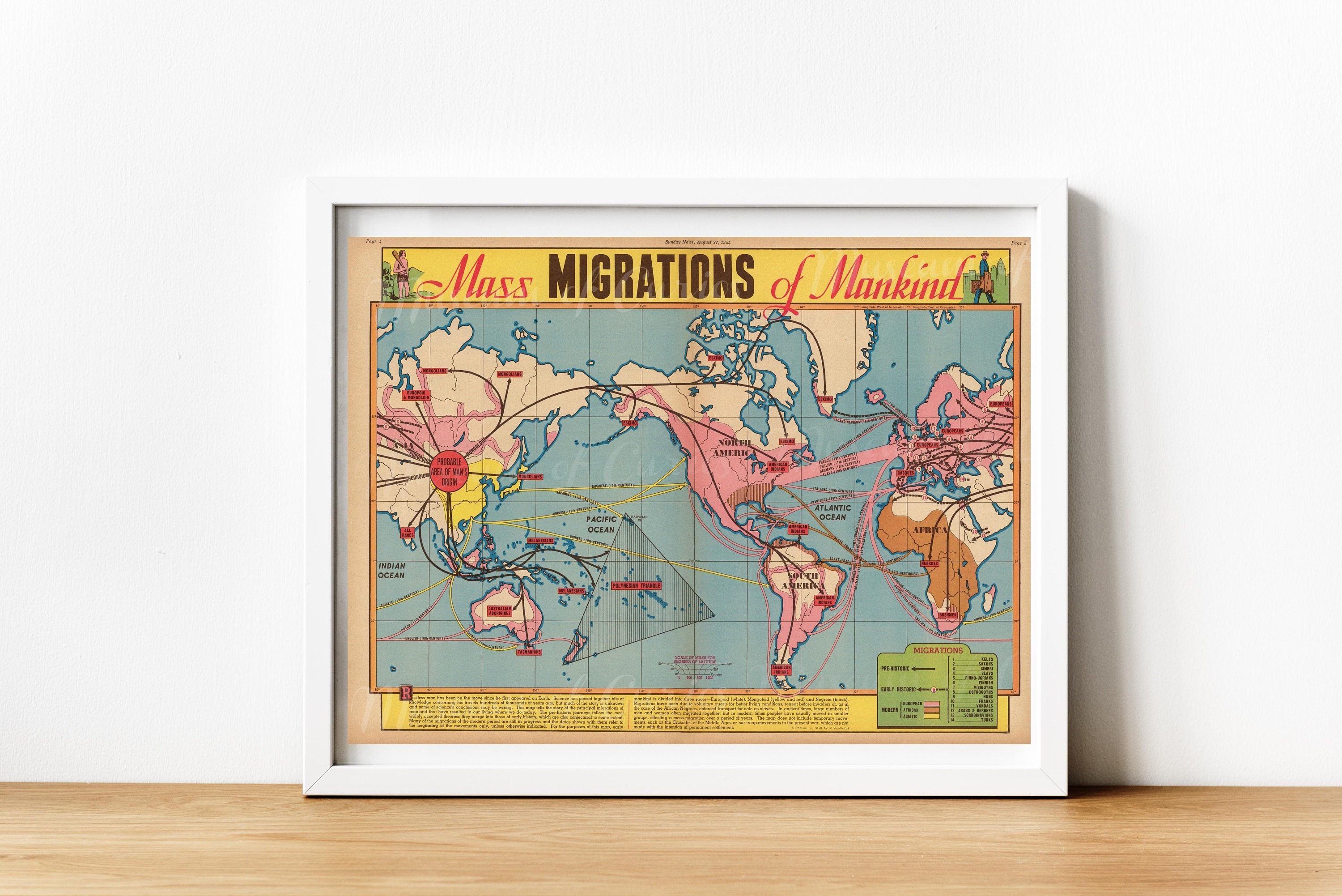 1944年の大量移民の世界地図：ヴィンテージスタイルの印刷可能