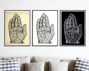 Può includere: Tre quadri incorniciati di chiromanzia. I quadri sono in cornici nere, con sfondo beige, bianco e nero. Ogni quadro presenta un'illustrazione dettagliata di una mano con linee e testo, etichettata "CHART OF THE HAND".