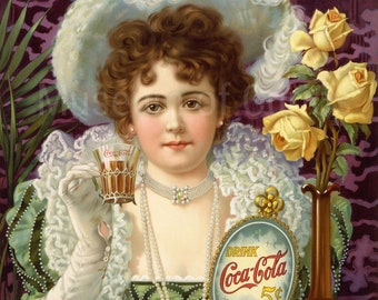 Digital, 1890er Jahre, Coca Cola trinken, druckbare Vintage Werbung, Küchendekor, Chromolithograph, INSTANT DOWNLOAD, viktorianische Dame