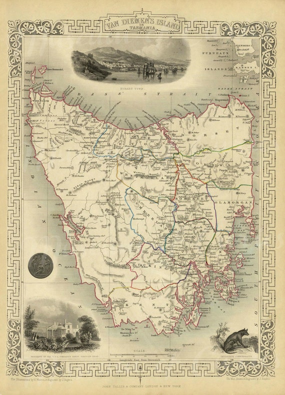 1851 年のタスマニア地図: オーストラリア、ヴァン ディーマンズ島