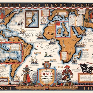 Digitaal, Piratenkaart, 17e-18e eeuwse beroemde piraten, zeerovers, vrijbuiters, INSTANT DOWNLOAD, Blackbeard, The Jolly Roger