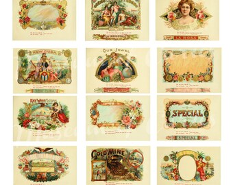 Conjunto digital de 89 etiquetas de caja de cigarros en 45 hojas, 1905, DESCARGA INSTANTÁNEA, Litografías a Color Nueva York, Chicago, Efemérides