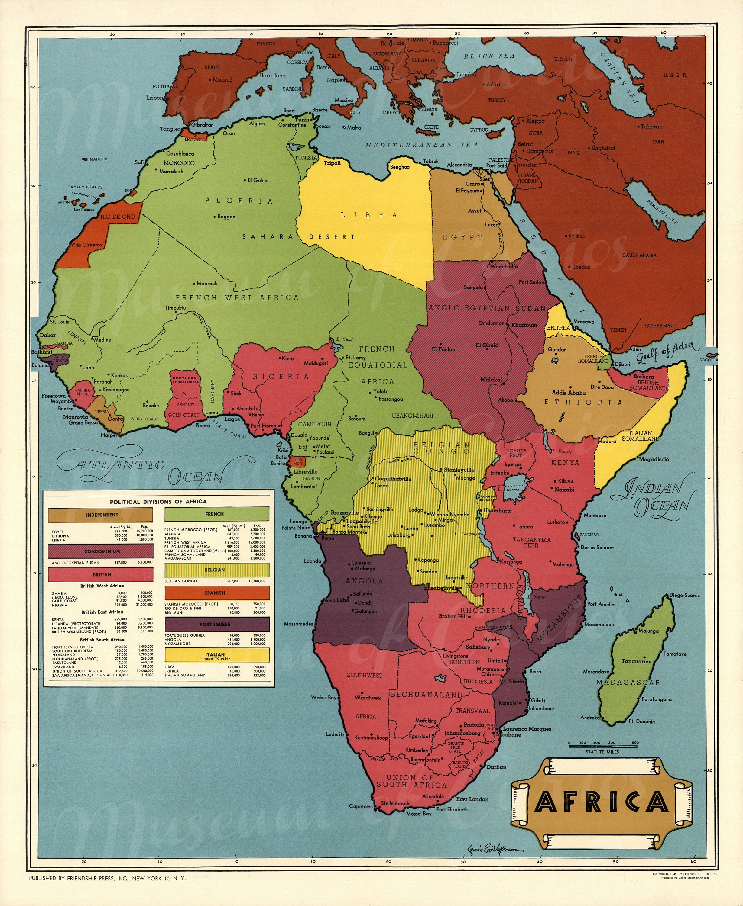 1945年のアフリカ地図：植民地政治区分、ヴィンテージスタイル