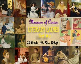 Digital, Literary Women SET #2, 40 x JPGs, 20 Sheets, INSTANT DOWNLOAD, 1700s-early 1900s