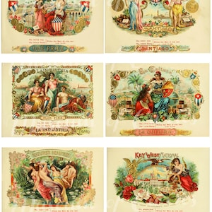 Digital, 1905, 6 x Cigar Box Maidens on three sheets, INSTANT DOWNLOAD, Colour Lithographs, Illustrated Labels, Printable Cigar Ephemera