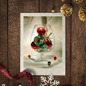 Carte de Noël photo vintage numérique, Rétro, Boules de Noël, Carte de Noël, Verre à champagne, Satin, Étoile, Ornements, TÉLÉCHARGEMENT INSTANTANÉ