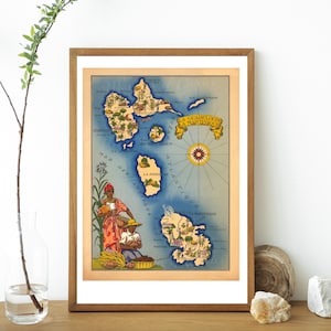 Digital, Vintage Martinica y Guadalupe, Mapa turístico pictórico del Caribe francés, DESCARGA INSTANTÁNEA, Tres tamaños