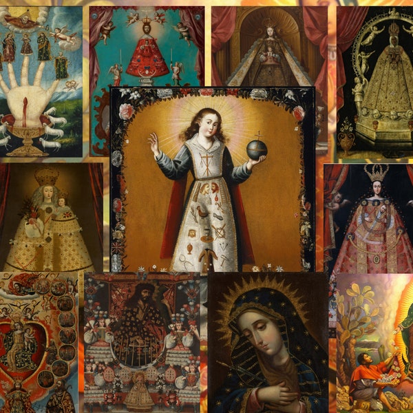 Digital, 1800s-early 1900s, 16 x Spanish, Mexican, Peruvian Religious Icons, Saints, Cuzco, INSTANT DOWNLOAD, Our Lady of Guadalupe