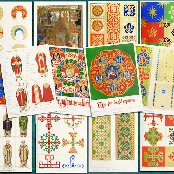 Digital, 1800s, English Ecclesiastical Ornament and Costume Bundle, 70 jpgs, 35 sheets, INSTANT DOWNLOAD, Collage, Craft set