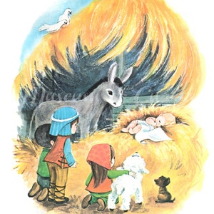Digital, Belén Vintage, Navidad, Lejos en un pesebre, Niño Jesús, Burro, Palomas de la Paz, Cachorro, Cordero, Tarjeta de felicitación, DESCARGA INSTANTÁNEA