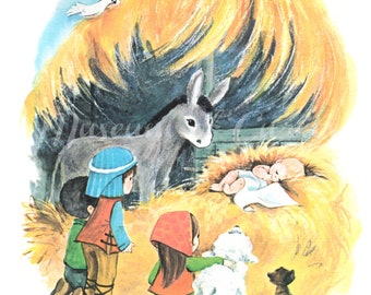 Vintage Nativity Scene Print: Baby Jesus, Children, Animals (Digital Download)