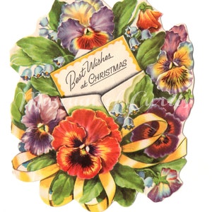 Digital, Best Wishes At Christmas, Sträußchen von Stiefmütterchen, Die Cut, Grußkarte, 1900s, INSTANT DOWNLOAD, Florale Karte, Band, Weihnachtsgrüße