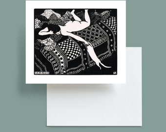 Digital, 1896, Female nude with cat, INSTANT DOWNLOAD, Linocut, black and white
