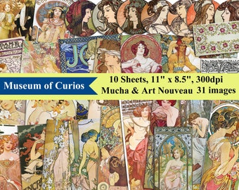 Digital, Mucha Collage, Printable Ephemera Collection, Art Nouveau Set # 1, 10 Sheets of 31 images, INSTANT DOWNLOAD