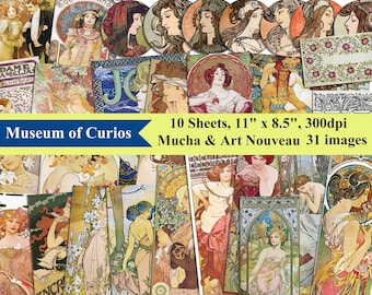 Efímeras Art Nouveau de Mucha: Conjunto de collages imprimibles (descarga digital)