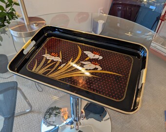 Vintage MCM Japan Lacquerware Floral Design on Black Tray ~ Wrapped Handles