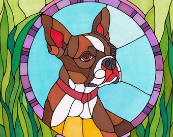 Charming Boston Terrier Stained Glass Art Print