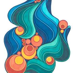 May include: Abstract art print featuring a blue and green wave design with overlapping circles in shades of red, orange, and yellow.