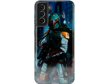 May include: A phone case with a Star Wars Boba Fett character design. The case is black with a green, blue, and orange image of Boba Fett in a smoky background.