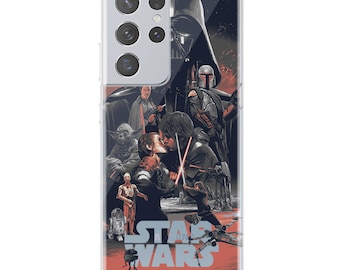 May include: A clear phone case with a Star Wars themed design. The case features a collage of characters from the Star Wars movies, including Darth Vader, Yoda, and Luke Skywalker. The text "STAR WARS" is printed in large, bold letters at the bottom of the case.