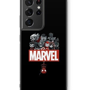 May include: Black phone case with a black and white image of Marvel characters, including Spider-Man, Iron Man, Captain America, and more. The characters are arranged in a circle around the word "MARVEL" in red.