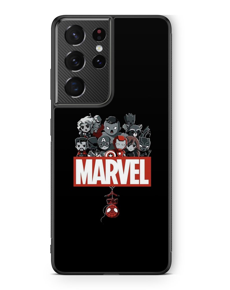 May include: Black phone case with a black and white image of Marvel characters, including Spider-Man, Iron Man, Captain America, and more. The characters are arranged in a circle around the word "MARVEL" in red.