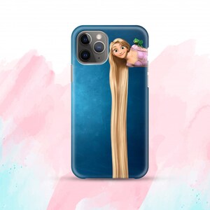 May include: A blue iPhone case with a graphic of Rapunzel from the Disney movie Tangled. Rapunzel is peeking out from behind her long blonde hair, with her pet chameleon, Pascal, on her shoulder.