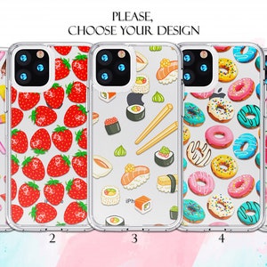 May include: Five clear phone cases with different colorful designs. The designs include ice cream, strawberries, sushi, donuts, and watermelon.