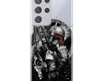 May include: A clear phone case with a black and white illustration of Boba Fett from Star Wars. The illustration is in a grunge style with a white splatter effect. The phone case is designed for a Samsung Galaxy S22 Ultra.