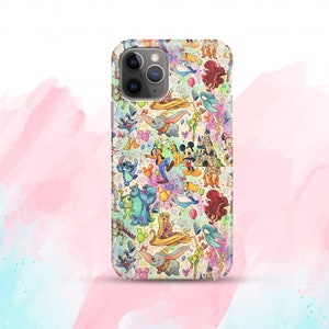 May include: A colourful phone case featuring a pattern of Disney characters, including Mickey Mouse, Minnie Mouse, Donald Duck, Goofy, and more. The case is white with a light blue background and features a variety of colours, including red, yellow, blue, green, and purple.